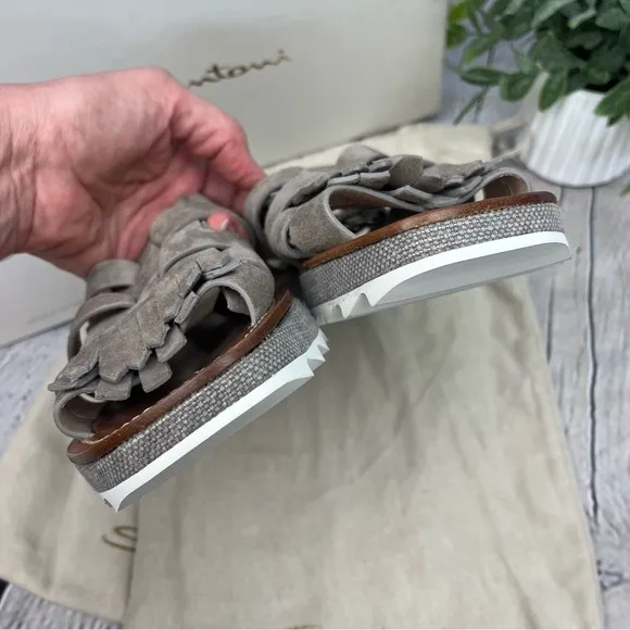 NIB Santoni Kiltie Fringe Suede Platform Sandals Grey Taupe Sz EU 37