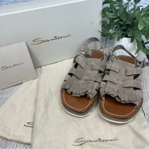 NIB Santoni Kiltie Fringe Suede Platform Sandals Grey Taupe Sz EU 37