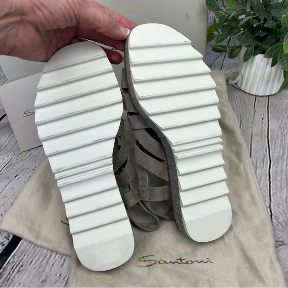 NIB Santoni Kiltie Fringe Suede Platform Sandals Grey Taupe Sz EU 37