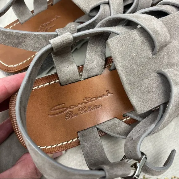 NIB Santoni Kiltie Fringe Suede Platform Sandals Grey Taupe Sz EU 37