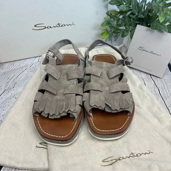 NIB Santoni Kiltie Fringe Suede Platform Sandals Grey Taupe Sz EU 37