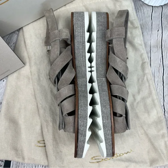 NIB Santoni Kiltie Fringe Suede Platform Sandals Grey Taupe Sz EU 37