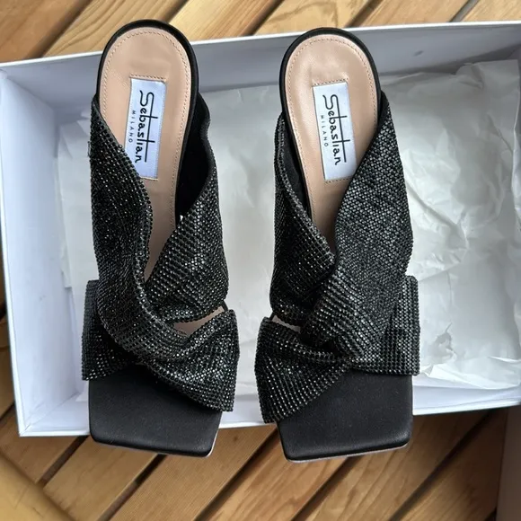 nib Sebastian Milano ‘Paris Crystal’ Slanted-Heel Mules - in Black, size 7.5