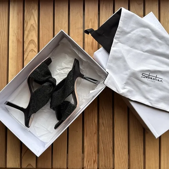 nib Sebastian Milano ‘Paris Crystal’ Slanted-Heel Mules - in Black, size 7.5