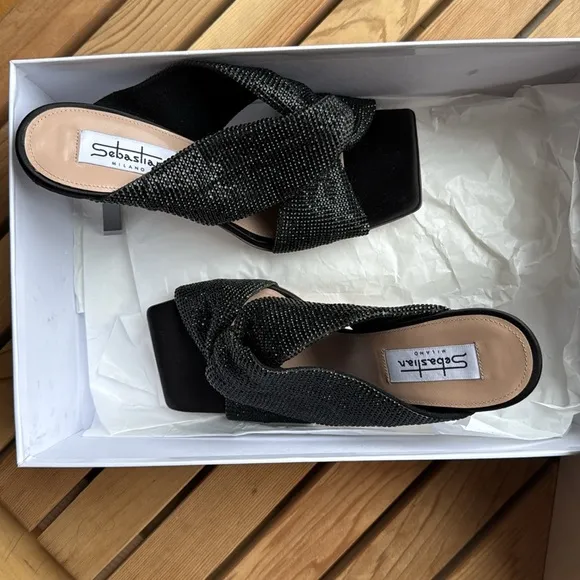 nib Sebastian Milano ‘Paris Crystal’ Slanted-Heel Mules - in Black, size 7.5