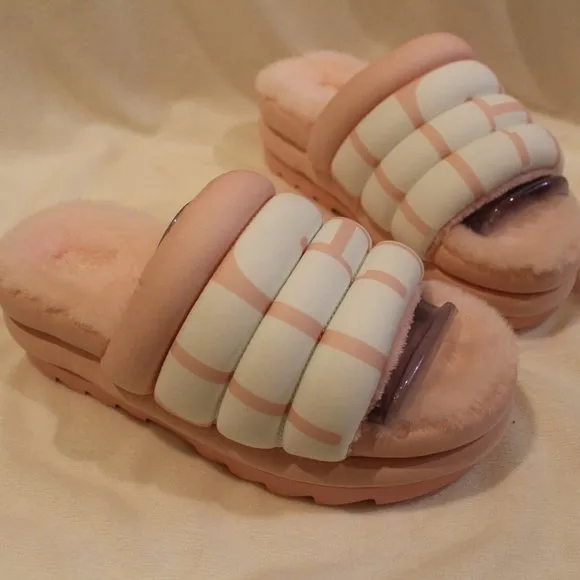 NIB UGG WOMEN'S MAXI GLIDE PADDED PLATFORM SANDAL‎ SLIPPERS PINK WHITE