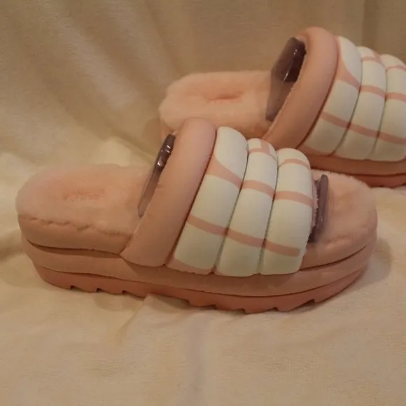 NIB UGG WOMEN'S MAXI GLIDE PADDED PLATFORM SANDAL‎ SLIPPERS PINK WHITE