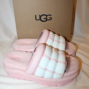 NIB UGG WOMEN'S MAXI GLIDE PADDED PLATFORM SANDAL‎ SLIPPERS PINK WHITE