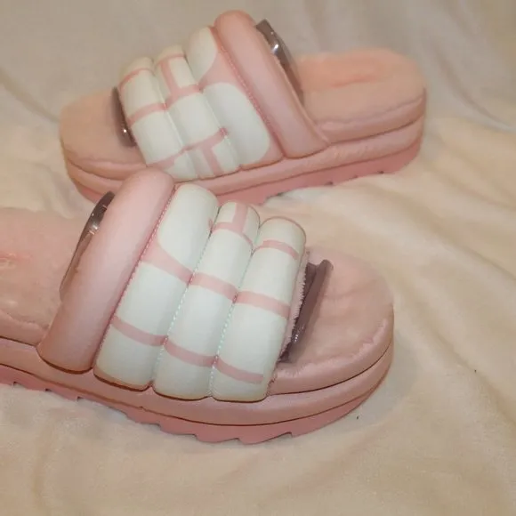 NIB UGG WOMEN'S MAXI GLIDE PADDED PLATFORM SANDAL‎ SLIPPERS PINK WHITE