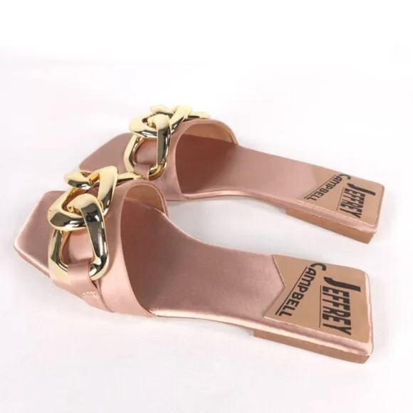 NWB Jeffrey Campbell Women's Danae Chain Flat Sandals Rose Gold Satin Size 5.5M