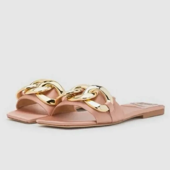 NWB Jeffrey Campbell Women's Danae Chain Flat Sandals Rose Gold Satin Size 5.5M