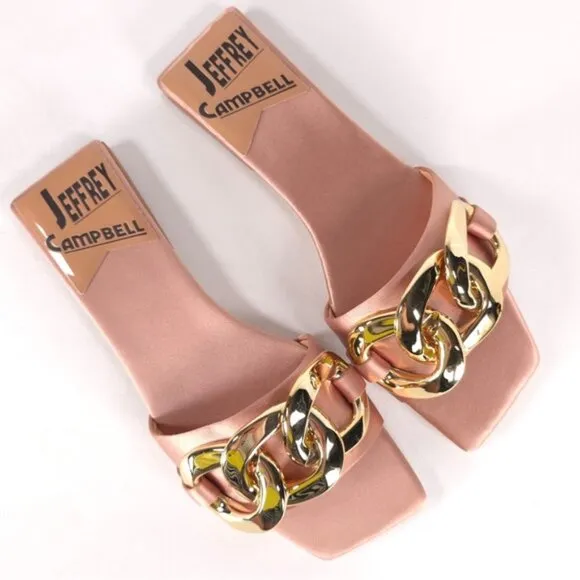 NWB Jeffrey Campbell Women's Danae Chain Flat Sandals Rose Gold Satin Size 5.5M