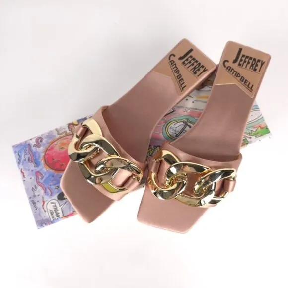 NWB Jeffrey Campbell Women's Danae Chain Flat Sandals Rose Gold Satin Size 5.5M