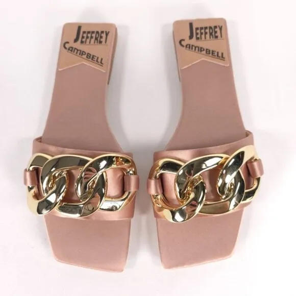 NWB Jeffrey Campbell Women's Danae Chain Flat Sandals Rose Gold Satin Size 5.5M