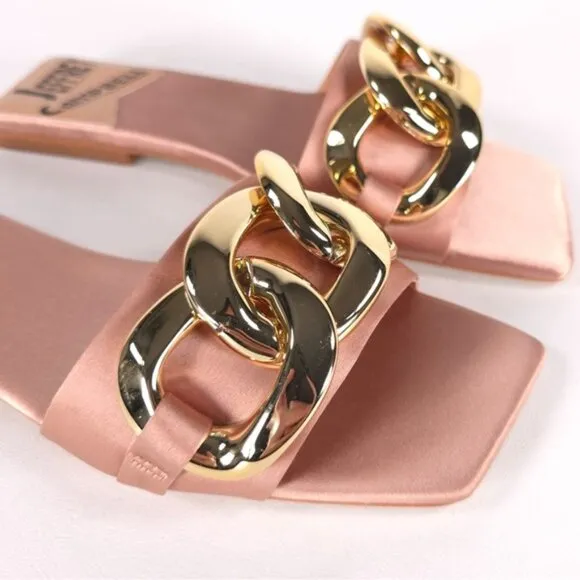NWB Jeffrey Campbell Women's Danae Chain Flat Sandals Rose Gold Satin Size 5.5M