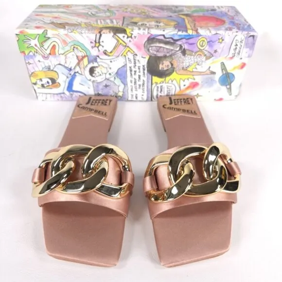 NWB Jeffrey Campbell Women's Danae Chain Flat Sandals Rose Gold Satin Size 5.5M