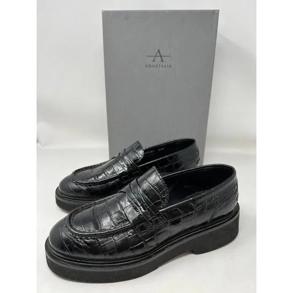 NWB WOMEN'S AQUATALIA MARICE Black Leather CROC EMBOSSED LOAFERS US 6.5 M ITALY