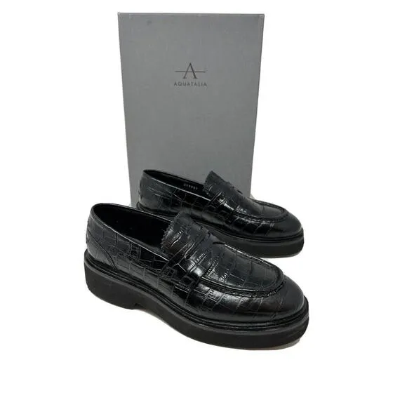 NWB WOMEN'S AQUATALIA MARICE Black Leather CROC EMBOSSED LOAFERS US 6.5 M ITALY
