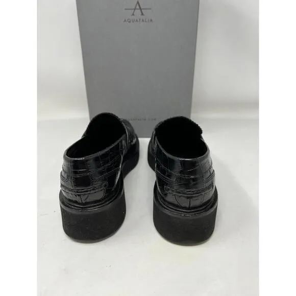 NWB WOMEN'S AQUATALIA MARICE Black Leather CROC EMBOSSED LOAFERS US 6.5 M ITALY