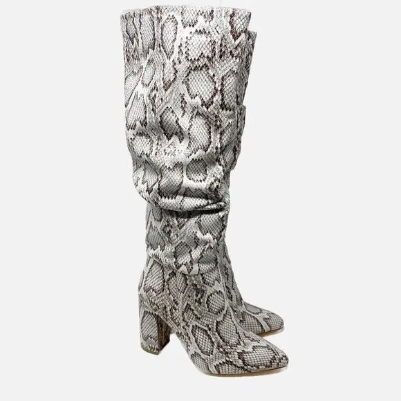 NWOB Just Fab Gray Faux Leather Snake Print Slouchy Boots Women's Size 9 Pull On