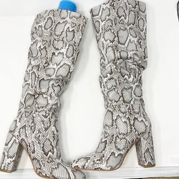 NWOB Just Fab Gray Faux Leather Snake Print Slouchy Boots Women's Size 9 Pull On