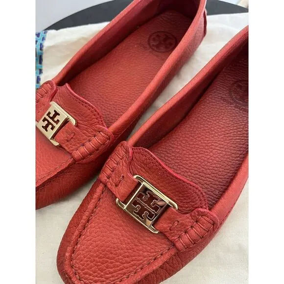 NWOB Tory Burch Kendrick Tumble Leather Orange Flats Loafers W/dustbag Women’s 8