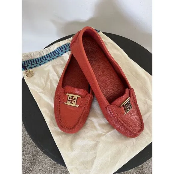 NWOB Tory Burch Kendrick Tumble Leather Orange Flats Loafers W/dustbag Women’s 8