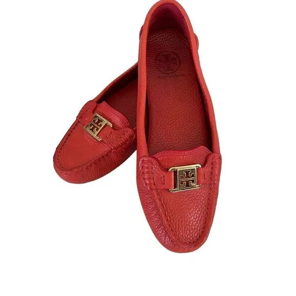 NWOB Tory Burch Kendrick Tumble Leather Orange Flats Loafers W/dustbag Women’s 8