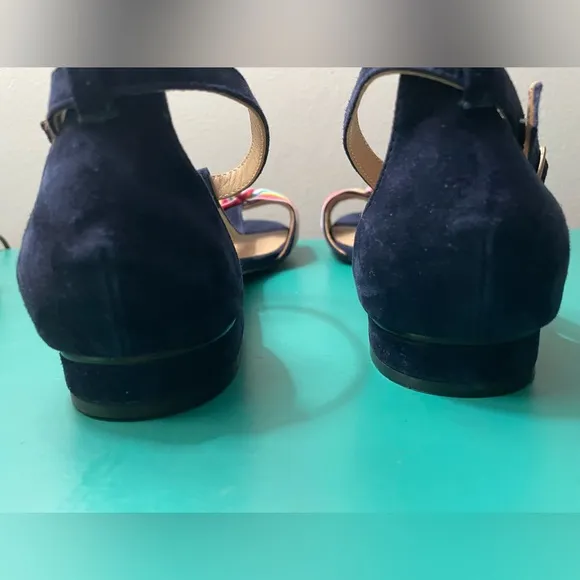 NWOT - ANTHROPOLOGIE “Elenore” Navy Blue Suede T-Strap Sandals with Bows / Sz 9