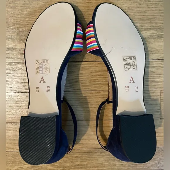 NWOT - ANTHROPOLOGIE “Elenore” Navy Blue Suede T-Strap Sandals with Bows / Sz 9