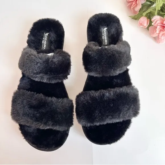 NWOT Koolaburra by UGG Fuzz-On Black Faux-Fur Slide Sandals