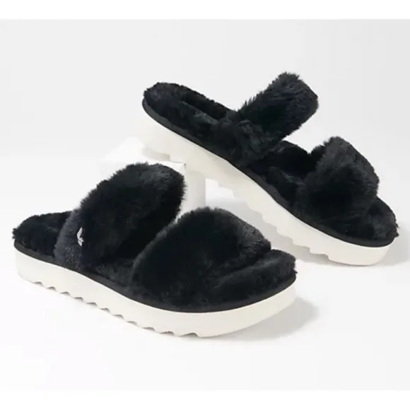 NWOT Koolaburra by UGG Fuzz-On Black Faux-Fur Slide Sandals