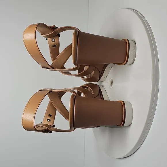 NWOT Linea Paolo High Wedge Sandals Slingback Adjustable Ankle Strap Tan 10