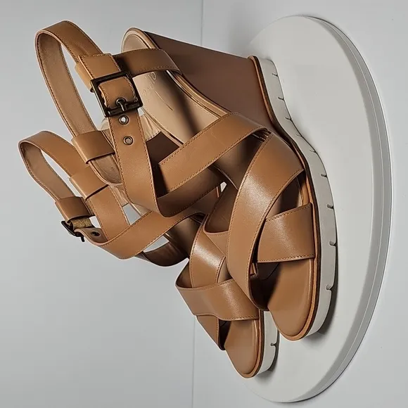 NWOT Linea Paolo High Wedge Sandals Slingback Adjustable Ankle Strap Tan 10