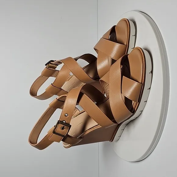 NWOT Linea Paolo High Wedge Sandals Slingback Adjustable Ankle Strap Tan 10
