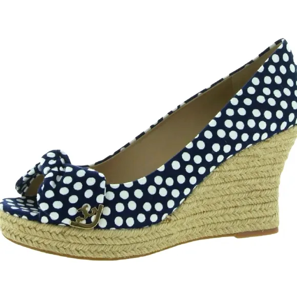 NWoT POLKA DOT Tory Burch White Polka Dot NAVY Wedge Heels Sandals Sz 9-Last 1