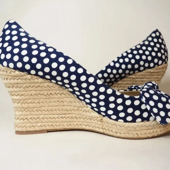 NWoT POLKA DOT Tory Burch White Polka Dot NAVY Wedge Heels Sandals Sz 9-Last 1