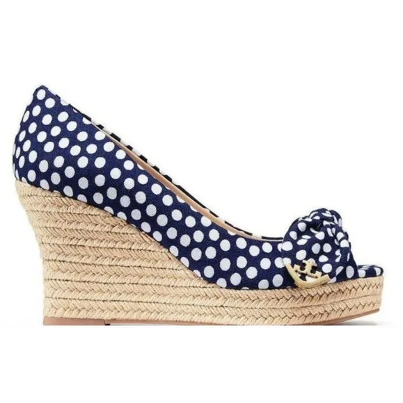 NWoT POLKA DOT Tory Burch White Polka Dot NAVY Wedge Heels Sandals Sz 9-Last 1