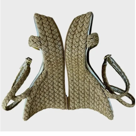 NWOT Stuart Weitzman Braida Strap Espadrille Wedge Sandals Gold/Neutral– Sz 8.5