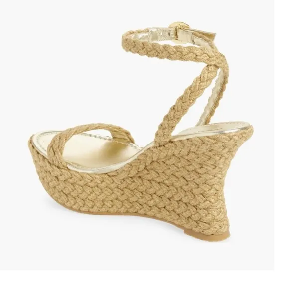 NWOT Stuart Weitzman Braida Strap Espadrille Wedge Sandals Gold/Neutral– Sz 8.5