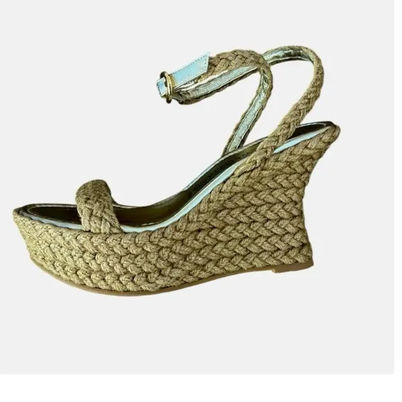 NWOT Stuart Weitzman Braida Strap Espadrille Wedge Sandals Gold/Neutral– Sz 8.5