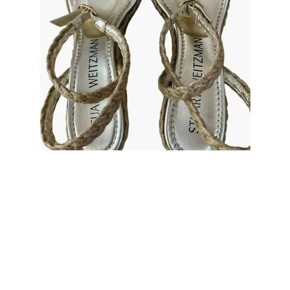 NWOT Stuart Weitzman Braida Strap Espadrille Wedge Sandals Gold/Neutral– Sz 8.5