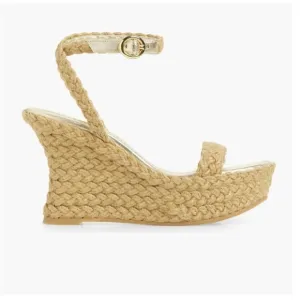 NWOT Stuart Weitzman Braida Strap Espadrille Wedge Sandals Gold/Neutral– Sz 8.5