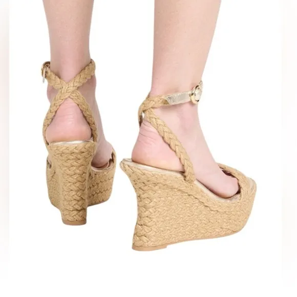 NWOT Stuart Weitzman Braida Strap Espadrille Wedge Sandals Gold/Neutral– Sz 8.5