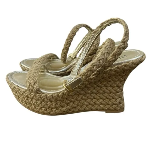 NWOT Stuart Weitzman Braida Strap Espadrille Wedge Sandals Gold/Neutral– Sz 8.5