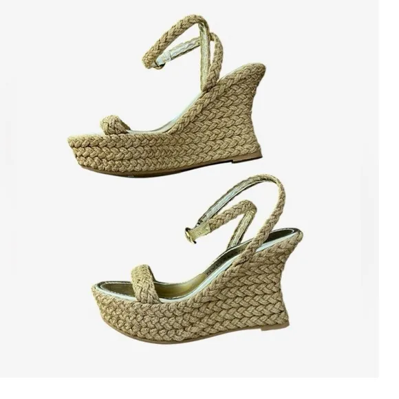 NWOT Stuart Weitzman Braida Strap Espadrille Wedge Sandals Gold/Neutral– Sz 8.5