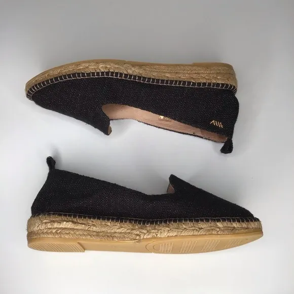 NWOT VISCATA BARCELONA Black Sheen Palafrugell Linen Espadrille Flats.