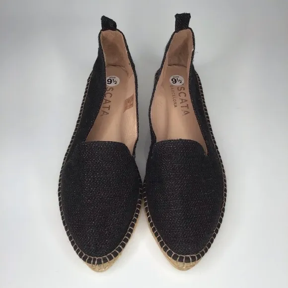 NWOT VISCATA BARCELONA Black Sheen Palafrugell Linen Espadrille Flats.