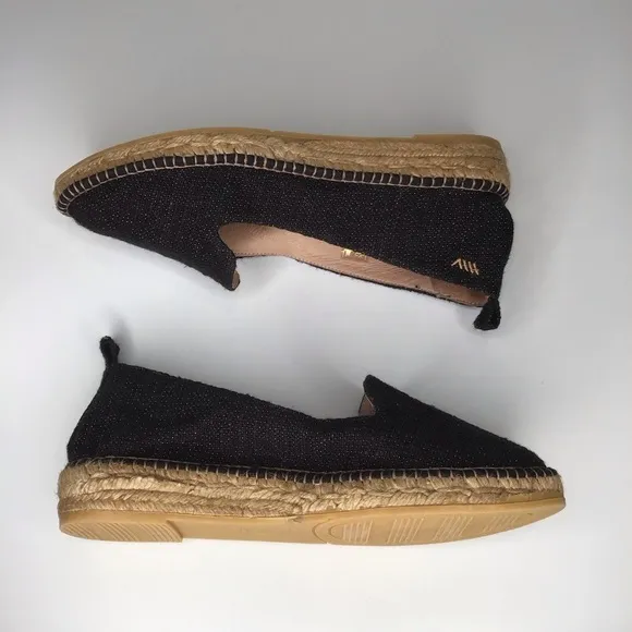 NWOT VISCATA BARCELONA Black Sheen Palafrugell Linen Espadrille Flats.
