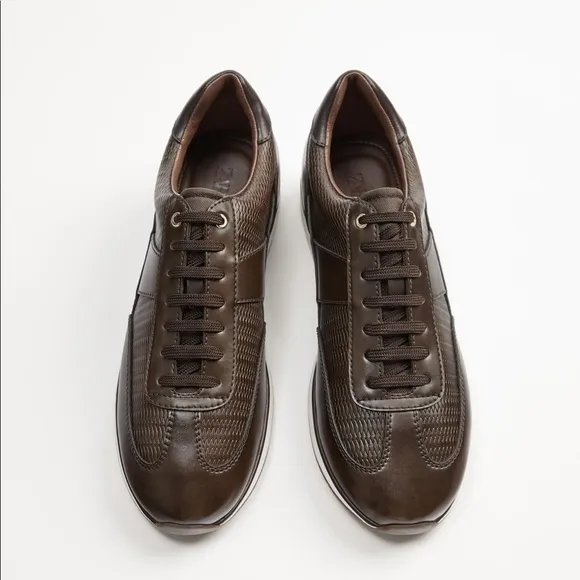 NWOT. Zara Dark Brown Embosses Sneakers. Size 10.